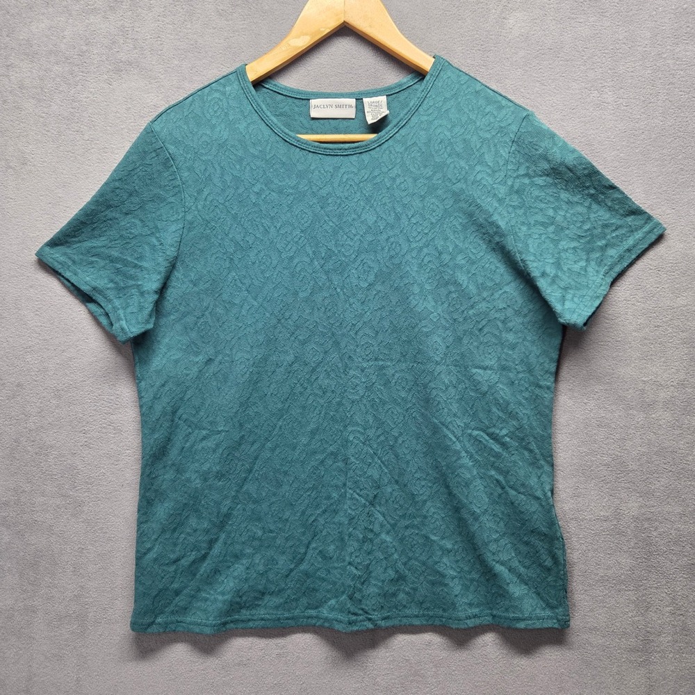 Jaclyn Smith Teal Lace Baby Tee Large VTG Y2K Semi-Sheer Cotton Blend Stretch
